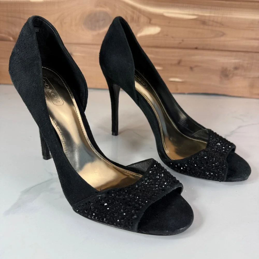 Coach Black Suede Rhinestone Peep Toe Pumps d'Orsay Stiletto Heels‎ Womens 6B